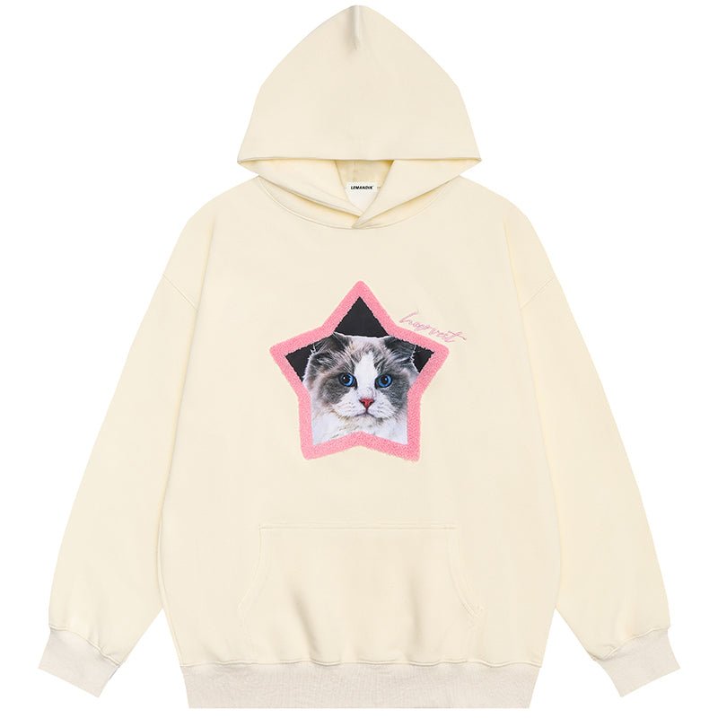 1984 Cute Hoodie Flocked Star Cat 1984